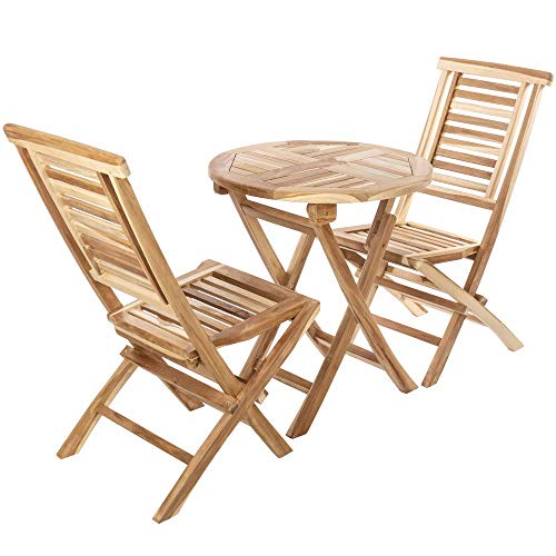 PrimeMatik - Conjunto de Mesa Redonda 66 cm y 2 sillas para jardín Exterior de Madera de Teca certificada