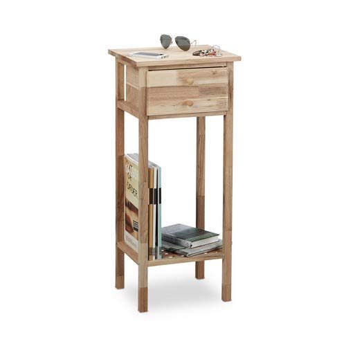 Relaxdays Mesa Auxiliar de Madera, Mesita de Noche de Nogal, 2 Niveles, con cajón, Estrecha HxLxP: 80x35x30 cm, Natural, marrón Relaxdays Mesa Auxiliar de Madera, Mesita de Noche de Nogal, 2 Niveles, con cajón, Estrecha HxLxP: 80x35x30 cm, Natural, marrón