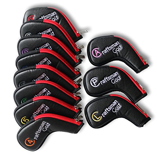 Artesano Golf 11pcs/set (diestros, a, S, P, L, x) (piel sintética), color negro con borde rojo para cabeza de hierro de golf, color para Titleist Callaway Ping con cremallera