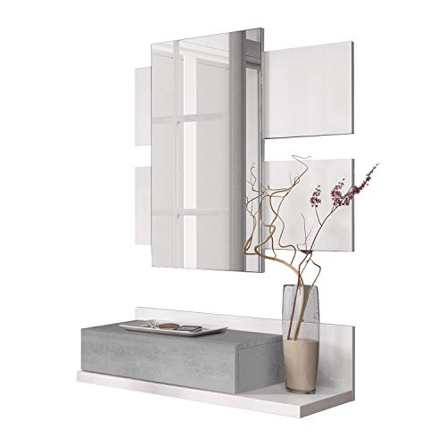 Habitdesign 0L6742A - Recibidor con cajón y Espejo, Mueble de Entrada Modelo Tekkan Acabado en Blanco Artik - Gris Cemento, Medidas: 75 cm (Ancho) x 116 cm (Alto) x 29 cm (Fondo)