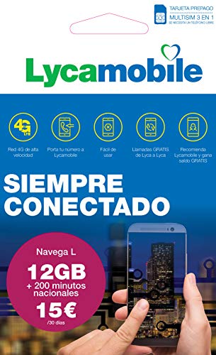 Lycamobile Tarjeta Prepago Multi SIM - Plan Nacional NAVEGA L , Incluye 12 GB de Datos + 200 Minutos en Llamadas , 30 Días