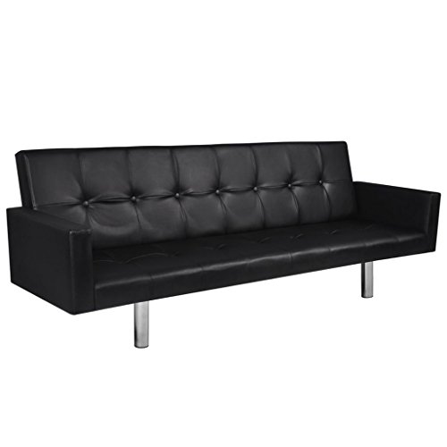 mewmewcat Sofá Cama Estructura de Madera + Tapicería de Cuero Artificial Negro 184 x 77,5 x (60,5/64 / 66,5) cm