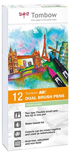 Tombow ABT-12P-2 Fiber Pen Dual Brush Pen con dos puntas Juego de 12 colores pastel