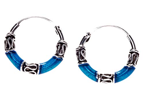 WINDALF - Pendientes de aro de estilo vintage, de Nanika, 1,1 cm de diámetro, color azul océano, con ornamentos bohemios, plata de ley 925