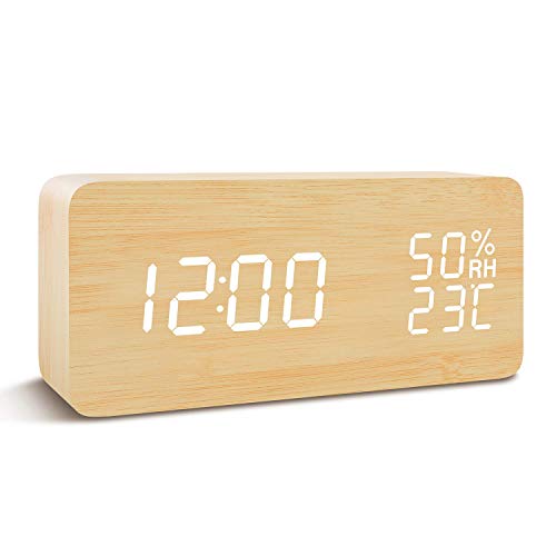 FONCBIEN Reloj Despertador Digital, Indicador De Temperatura De La Fecha Pantalla Led Reloj De Madera, Control De Voz De Brillo De 3 Niveles, 3 Configuraciones De Alarma