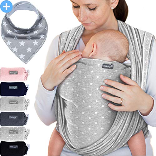 Makimaja - Portabebés gris claro con estrellas - portabebés de alta calidad para recién nacidos y bebés hasta 15 kg - hecho de algodón suave - incluye bolsa para guardar y babero