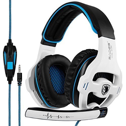 Sades Gaming Headset, sa-921 Over Ear Auriculares con micrófono, 3,5 mm Enchufe, Suave de Orejeras con Auriculares para PS4, Xbox One, Ordenador portátil, PC, Mac, teléfono, Color Negro y Azul