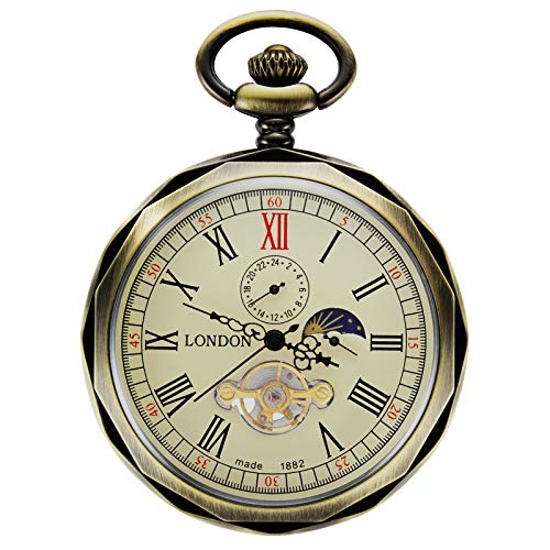 Treeweto - reloj de bolsillo para hombre, con números romanos de bronce, maquinaria al descubierto con cadena, formato 24 horas sol y luna + caja de regalo