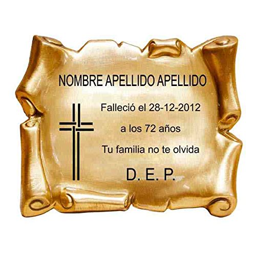 Trofeos Cadenas | Placa Cementerio. Pergamino Relieve, diseño Cruz, de Latón con Acabado en Bronce 20 x 15 cm (GRABACIÓN INCLUIDA)
