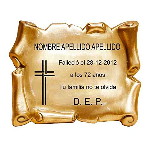 Trofeos Cadenas | Placa Cementerio. Pergamino Relieve, diseño Cruz, de Latón con Acabado en Bronce 20 x 15 cm (GRABACIÓN INCLUIDA) Trofeos Cadenas | Placa Cementerio. Pergamino Relieve, diseño Cruz, de Latón con Acabado en Bronce 20 x 15 cm (GRABACIÓN INCLUIDA)