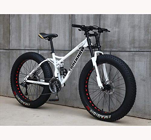 GASLIKE Fat Tire Mountain Bike para Adolescentes de Hombres y Mujeres Adultos, Marco de Acero de Alto Carbono, suspensión Doble de Cola Suave, Freno de Disco mecánico,Blanco,26 Inch 21 Speed