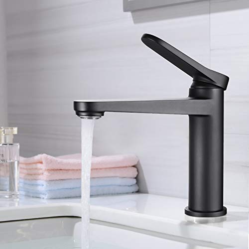 Grifo Lavabo Negro Dalmo, Grifo de Baño con Aireador Desmontable sin Herramienta, Agua Fría y Caliente, Grifos Lavabos Monomando sin Plomo y Grifería de Latón, Ahorra del Agua 30%