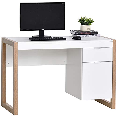 HOMCOM Mesa de Escritorio Mesa de Ordenador Espaciosa con Cajón Armario Patas de Forma Rectangular Estilo Moderno Decoración Adicional 112,5x50x75,5 cm Blanco HOMCOM Mesa de Escritorio Mesa de Ordenador Espaciosa con Cajón Armario Patas de Forma Rectangular Estilo Moderno Decoración Adicional 112,5x50x75,5 cm Blanco