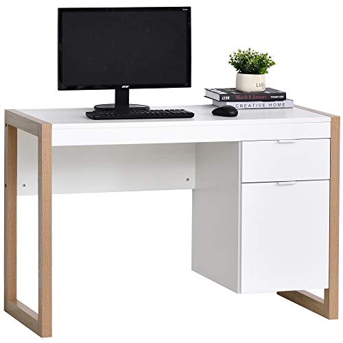 HOMCOM Mesa de Escritorio Mesa de Ordenador Espaciosa con Cajón Armario Patas de Forma Rectangular Estilo Moderno Decoración Adicional 112,5x50x75,5 cm Blanco