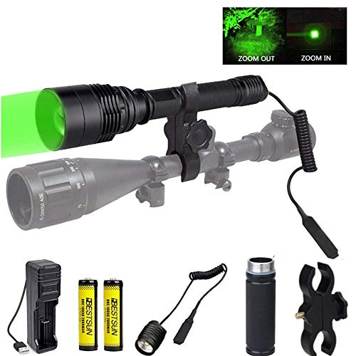 Linterna de caza verde, 300 yardas Linterna de LED verde con montaje de alcance Antorcha táctica con zoom Predator Hog Coyote Light para visión nocturna Caza Interruptor presión y baterías incluidas