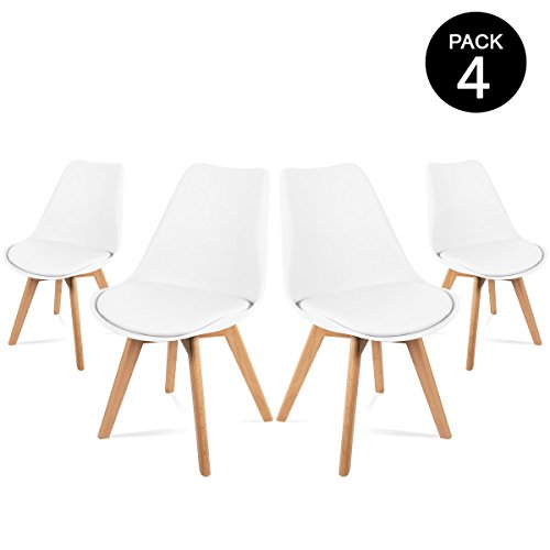Mc Haus LENA - Pack 4 sillas Blancas Tulip Comedor oficina, Sillas Madera nórdicas con patas de madera y Asiento Acolchado suave, respaldo ergonómico 83x49x53,5cm Mc Haus LENA - Pack 4 sillas Blancas Tulip Comedor oficina, Sillas Madera nórdicas con patas de madera y Asiento Acolchado suave, respaldo ergonómico 83x49x53,5cm