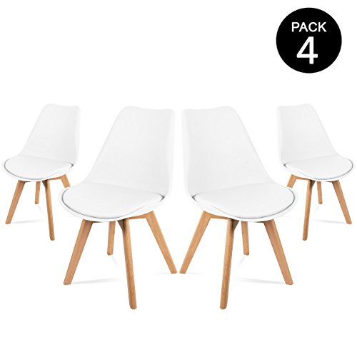 Mc Haus LENA - Pack 4 sillas Blancas Tulip Comedor oficina, Sillas Madera nórdicas con patas de madera y Asiento Acolchado suave, respaldo ergonómico 83x49x53,5cm