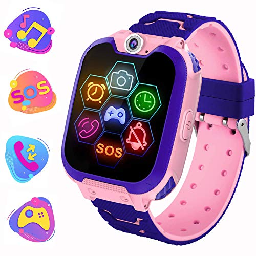 PTHTECHUS Reloj Inteligente para Juegos Infantiles con MP3 Player - [1GB Micro SD Incluido] Llamada de Pantalla táctil de 2 vías Juego de Alarma cámara Reloj Regalo de Juguete de cumpleaños (Rosa)