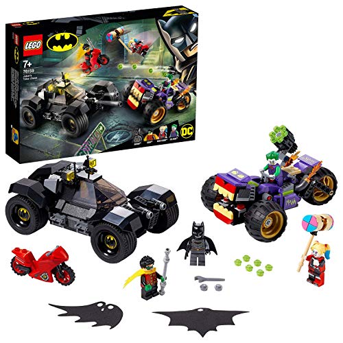 Super Heroes Comics DC Batman Persecución de la Trimoto del Joker con el Batmóvil y las Minifiguras de Harley Quinn y Robin, multicolor (Lego ES 76159)