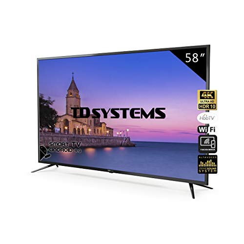 Television Smart TV 58 Pulgadas 4K, Android 9.0 y Hbbtv, UHD HDR10, 1500 PCI Hz, 3X HDMI, 2X USB, DVB-T2/C/S2, Modo Hotel - Televisores TD Systems K58DLJ10US. TDsystems