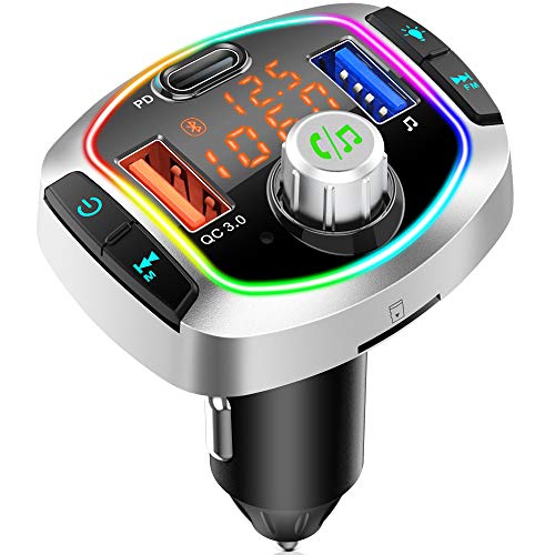 Transmisor FM Bluetooth V5.0,3 USB QC3.0 y PD 18W Carga Rapida Manos Libres Coche, Reproductor MP3 Coche Soporte Tarjeta TF 64 G y Disco U, Siri, 8 Colores Luz