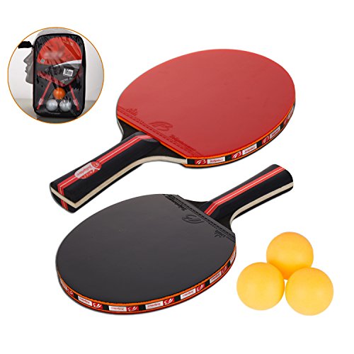 Amaza Palas Ping Pong, Table Tennis Set, 2 Raquetas + 3 Pelotas de Ping-Pong (Rojo)