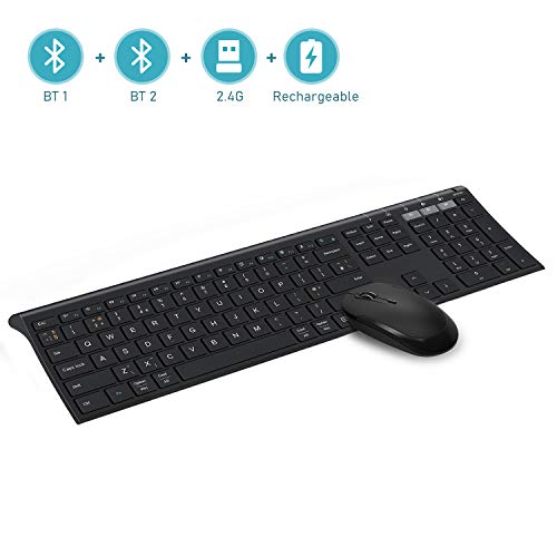 Jelly Comb 2.4 G USB + Dual Bluetooth teclado y ratón Combo inalámbrico recargable, teclado y ratón QWERTY UK diseño para ordenador portátil, MacBook/Tablet, Windows/Mac OS X/Android, negro