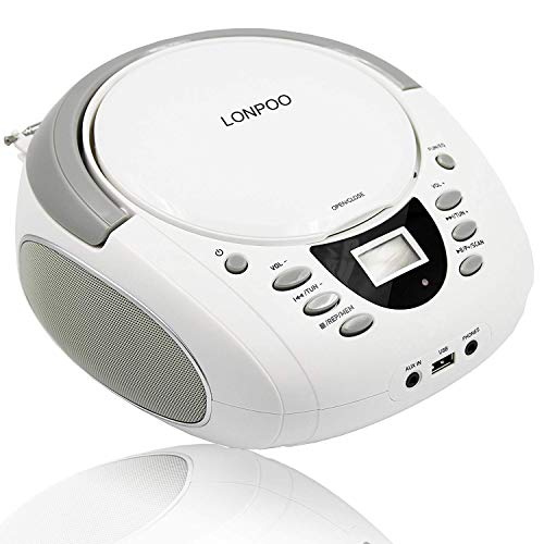 LONPOO Radio CD / MP3 Portátil Reproductor CD con Bluetooth/2 W/FM/USB/AUX-IN/Salida de Auriculares/Estéreo Altavoz (Blanco)