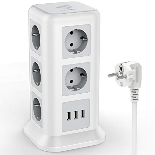 TESSAN Regleta Enchufes con 11 Tomas Corrientes(2500W/10A) y 3 USB, Regletas Vertical Enchufes con Protección Contra Sobrecarga Interruptor, Alargador Ladron Enchufe Oficina y Hogar, 2M, Blanco