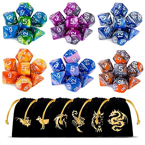 CiaraQ Poliédrico Dados, 6 x 7 (42 Piezas) Colores Dobles Dados de Juego para Dungeons and Dragons DND RPG MTG D20 D12 D10 D8 D6 D4 de Mesa Juegos de Cartas con Paquete de 6 Negro Bolsas