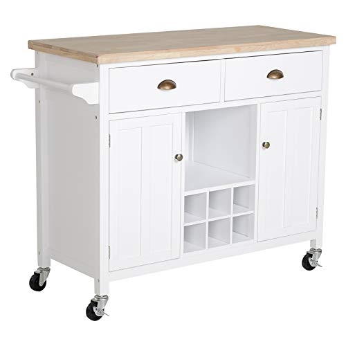 HOMCOM Carrito Auxiliar de Cocina con Ruedas Isla de Cocina Multiusos con Cajones Botellero Armarios Cerrados y Estante Cajón Blanco 113x45x89cm