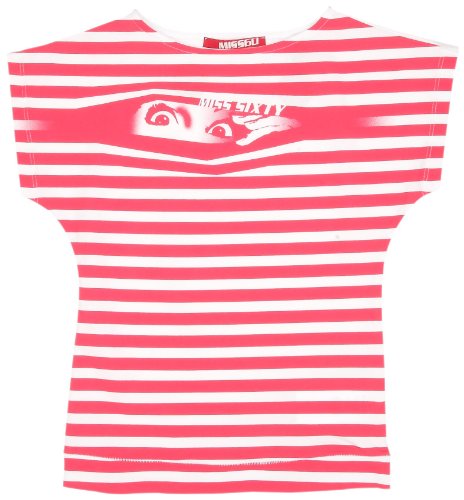 Miss Sixty - Camiseta Casual de Manga Corta para niña, Talla 8 ANS - Talla Francesa, Color (Rayure Blanche Et Fuschia)