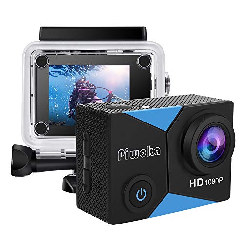 Piwoka Cámara Deportiva HD1080P 12MP Impermeable 30M acción cámara submarina Pantalla 2" LCD Gran Angular con Multi Accesorios para Deportes, Buceo, Coche, Moto, Bicicleta etc. (Azule)