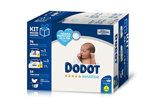 Dodot Sensitive Kit Recién Nacido: 28 pañales talla 1, 2-5 kg + 68 pañales talla 2, 4-8 kg + 54 Toallitas con caja dispensadora
