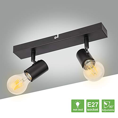 Kimjo Lámpara de Techo con 2 Focos, Foco de Techo Ajustables y Giratorios para Interior Dormitorio, Pasillos, Salas, Cocina, LED Plafón Moderno, Aplique Metal Vintage Negro, Sin Bombilla E27