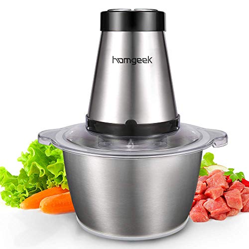 Picadora de Acero Inoxidable, Homgeek Trituradora de Alimentos de 300 vatios, Modo de 2 Velocidades, 1.8L de Gran Capacidad, Hoja Ajustable 4D, Sin BPA, Negro