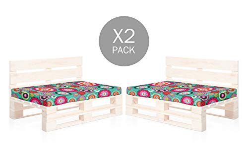 SUENOSZZZ-ESPECIALISTAS DEL DESCANSO Pack 2 Asientos para Sofas de palets, cojin Chill out Relleno con Espuma y enfundado en Tela Estampada Mandala Turquesa