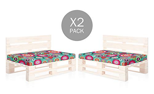 SUENOSZZZ-ESPECIALISTAS DEL DESCANSO Pack 2 Asientos para Sofas de palets, cojin Chill out Relleno con Espuma y enfundado en Tela Estampada Mandala Turquesa