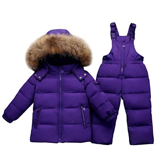 Conjunto de Esquí 2 Piezas Traje de Nieve - Chaqueta con Capucha + Pantalón de Esquí Niños Niñas Traje de Esquí Abrigos de Pluma Pantalones de Nieve de Babero Impermeable, Púrpura 3-4 Años