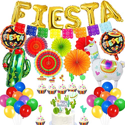 MMTX Mexicana Fiesta Decoraciones De Cumpleaños Coloridas con Abanicos de Papel Alpaca Cactus Globos Bandera Mexicana Guirnaldas Torta de Cumpleaños para Cinco de Mayo Fiesta de Cumpleaños