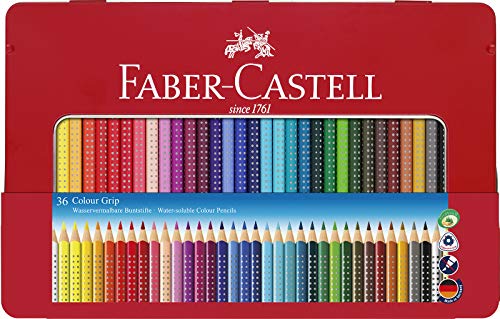 Faber-Castell 112435 - Estuche de metal con 36 lápices triangulares, escolares, de colores, con agarre Grip y acuarelables