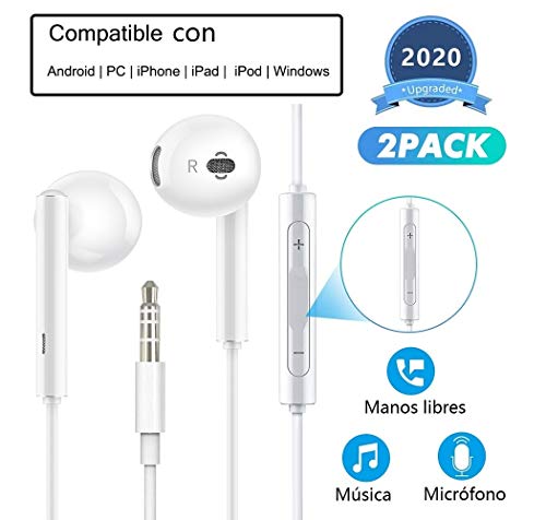 HENGHUA 2 Pack Auriculares con Micrófono 3.5 mm Auriculares con Cable en Intrauditivo Auriculares con Boton de Volumen Compatible con Samsung,Sony,LG,OnePlus,HTC,MP3/MP4 Players (Blanco)