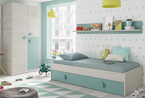 Pack Muebles Dormitorio Juvenil Cama Nido Estante y Armario ropero Verde y Blanco 90x190 cm Sin Somier Pack Muebles Dormitorio Juvenil Cama Nido Estante y Armario ropero Verde y Blanco 90x190 cm Sin Somier