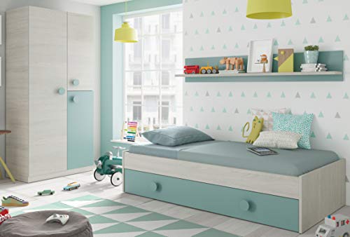 Pack Muebles Dormitorio Juvenil Cama Nido Estante y Armario ropero Verde y Blanco 90x190 cm Sin Somier