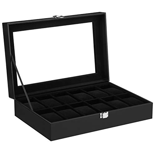 SONGMICS JWB12B-Caja (12 Compartimentos, Tapa de Cristal, Estuche para Relojes extraíble, Piel sintética), Color Negro, 32,5 x 19 x 8,5 cm