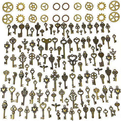 Sweieoni llaves Antiguas 125 PCS Bronce antiguo Vintage Esqueleto Key DIY Collar Colgante Charms key para manualidades Suministros Fiestas Decoración de la boda