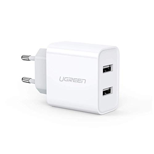 UGREEN Cargador USB de Red con Doble USB 5V 3.1A Cargador Rápido Móvil 5V 2.4A para iPhone, Samsung, Xiaomi, Huawei, HTC, Google, LG, Nokia, iPad, Tablet y Auriculares TWS Bluetooth - Blanco