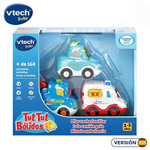 VTech TutTut Bólidos Pack de 3 vehículos con botón Sorpresa, Lula camión grúa, Nina la Ambulancia y Pilar Coche Familiar, Multicolor (3480-242187)