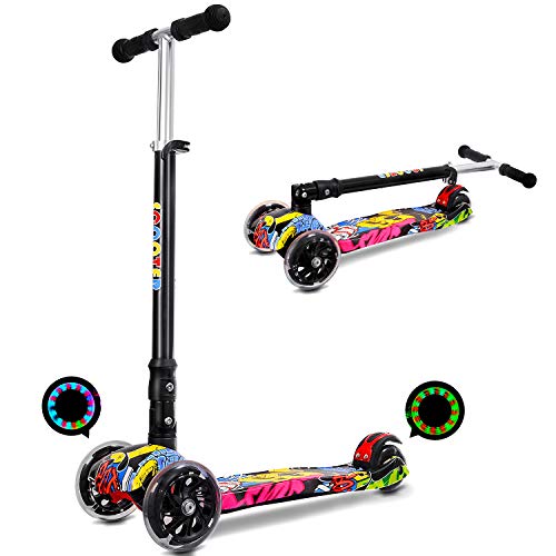 IMMEK Patinete Plegable con 4 Ruedas PU con Led Luces Altura Ajustable Desde 75-85CM con Freno Posterior con Grafitti en Tabla Seguro para Niños