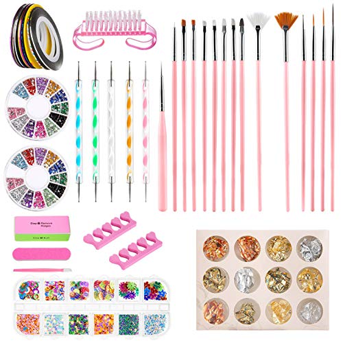 Kit de Accesorios Decoración Uñas Nail Art, GuKKK 51 Pcs Suministros de Uñas con Juego, 15 Pinceles para Uñas, Lápiz de Punto, Cintas Adhesivas Uñas, Uñas de Estrás, Kit de Herramientas para Manicura